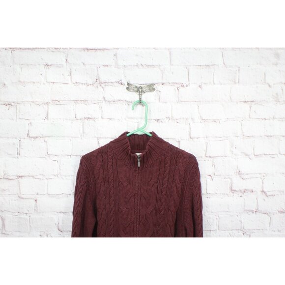 LL Bean Double L Cable Sweater Zip Cardigan Sweater Maroon Size L - Picture 2 of 12